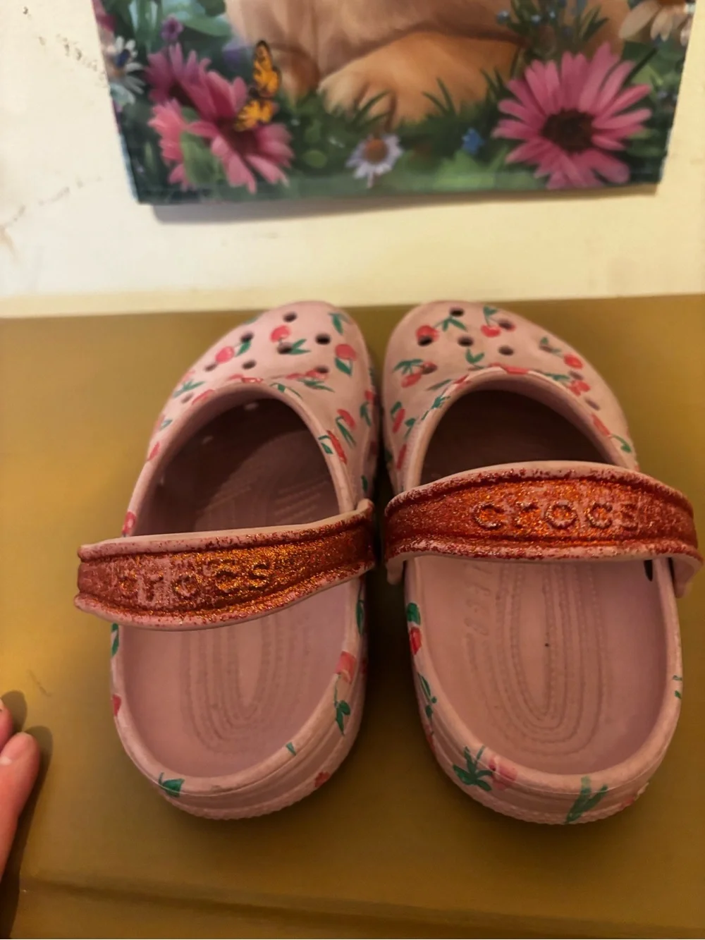 CROCS Kids Pink Cherry Print Clogs with Glitter Strap J2
